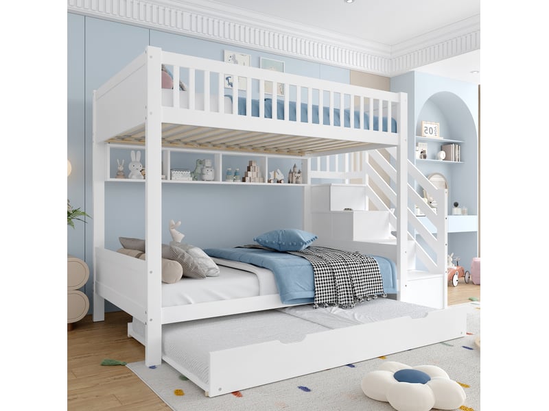  Lit superposé enfant 90x200 cm avec lit gigogne, rangement et armoire blanc  - Conforama E