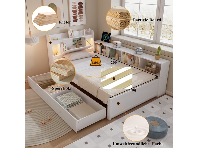  Lit à panneaux pour une personne, chevet avec niche, deux luminaires et port usb, 90x200cm, blanc, bois et mdf  - Conforama C