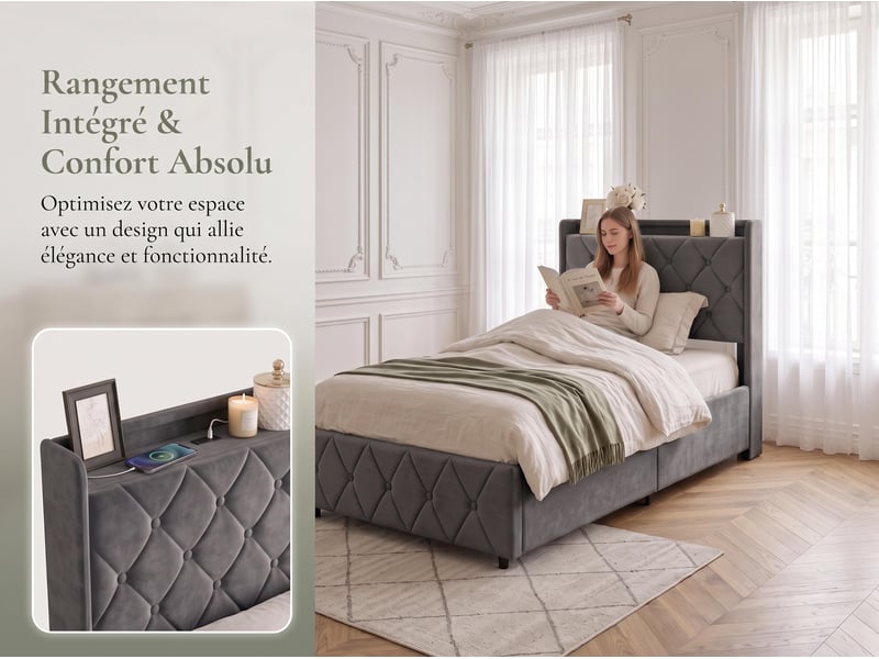  Lit adulte 90 x 200 cm – lit simple – lit coffre – éclairage led – ports usb et type‑c –  sommier à lattes – velours gris  - Conforama D