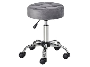 Tabouret de travail à roulettes 35x35x61 cm, réglable en hauteur et pivotant, base en métal chromé, couleur gris clair