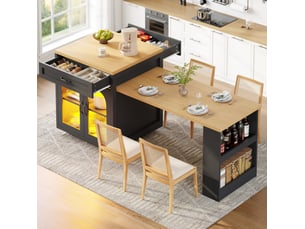 Îlot de cuisine extensible avec led, tiroirs et étagère réglable, noir, 126-196x70x94 cm