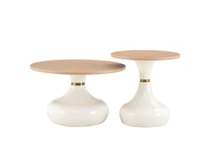 Tables basses gigognes rondes 2 pièces, plateaux mdf effet travertin, piètements métal blanc et doré, ø 70 cm