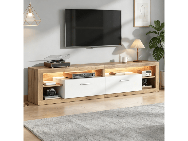  Meuble tv led 180x35,5x50cm - 4 niches ouvertes, éclairage led contrôlé par application, charge 30 kg, panneau de particules - bois naturel et blanc  - Conforama E