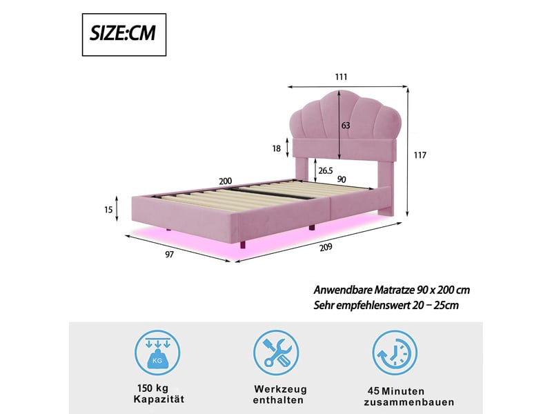  Lit enfant 90x200 cm, led, tête de lit et sommier, style moderne, velours rose, sans matelas  - Conforama C