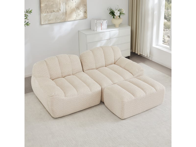 Canapé d'angle modulaire 2 places avec ottoman, assise ergonomique et modules flexibles en fleece granuleux beige  - Conforama B