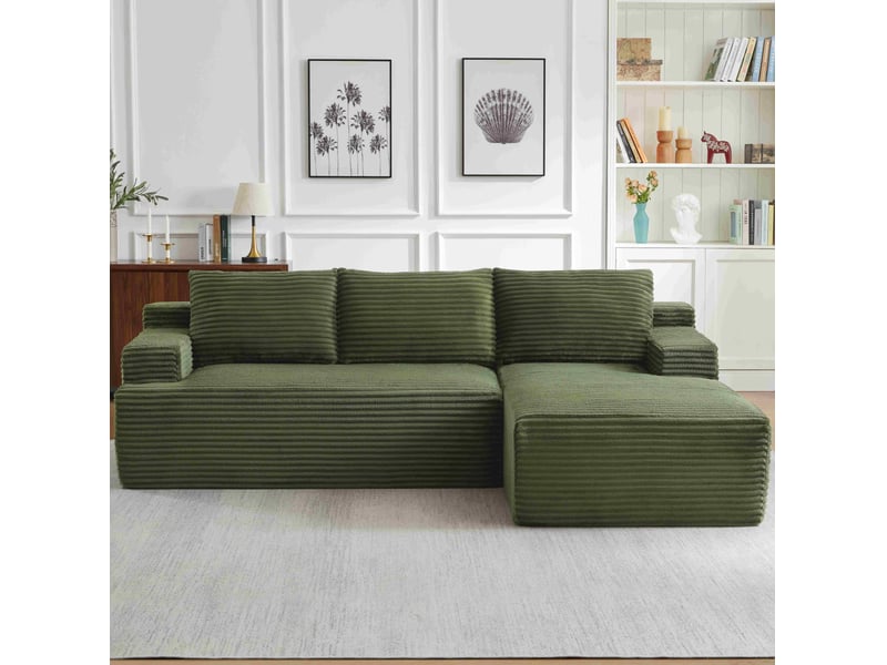 Canapé d’angle 4 places vert en velours côtelé, style nuage avec méridienne gauche, modulable et convertible - Conforama D