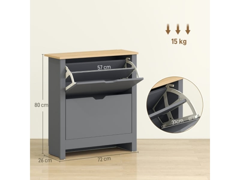  Meuble à chaussures 2 abattants gris foncé 72x26x80 cm avec cloison réglable pour 8-12 paires  - Conforama C