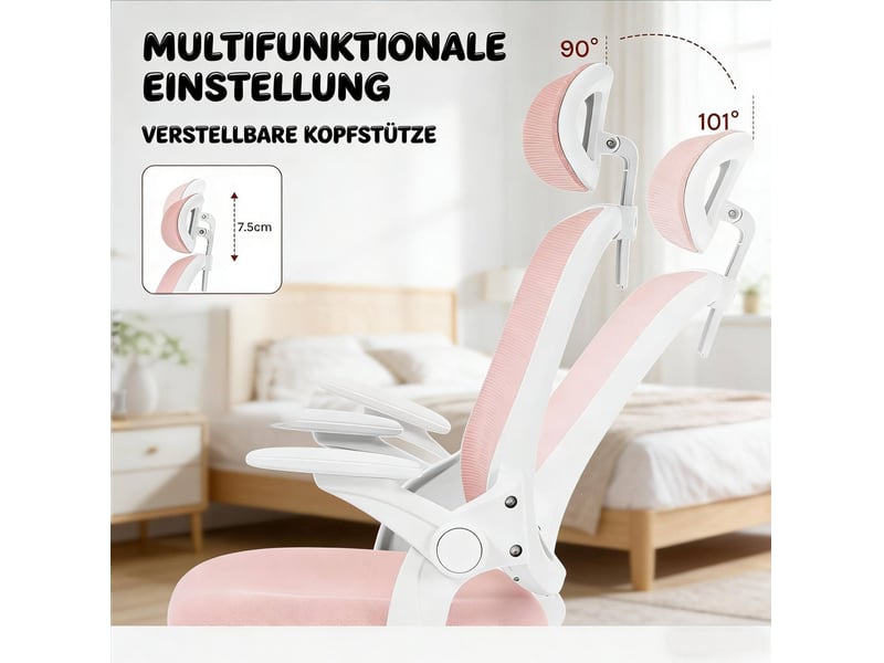  Chaise de bureau ergonomique dossier haut, appuie-tête réglable, accoudoirs 3d, maille rose  - Conforama D