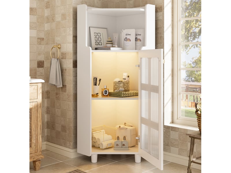  Vitrine d'angle avec 2 portes vitrées, niche ouverte, led pilotée par application, en mdf blanc, 63,5 × 124 cm  - Conforama D