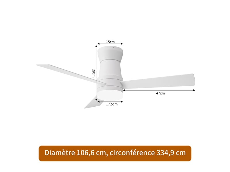  Ventilateur de plafond avec led - 42 pouces - 3 pales en contreplaqué, silencieux  - style moderne - blanc  - Conforama E