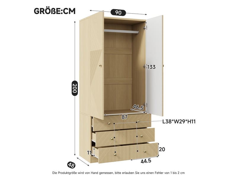  Armoire avec 6 tiroirs, 1 tringle et 2 portes, style moderne, 90 x 50 x 200 cm, chêne  - Conforama E