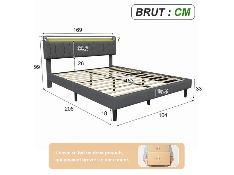 Lit 160x200 avec sommier ezssw coloris gris - Conforama E