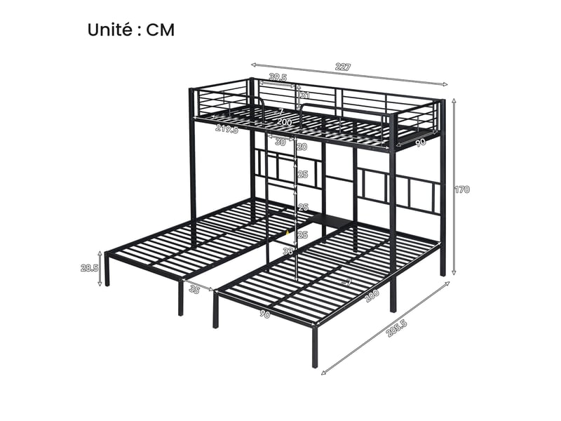 Lit superposé en métal, lit 3 places avec échelle, table et barrière, 3 couchages 90x200 cm, sans matelas, noir - Conforama D