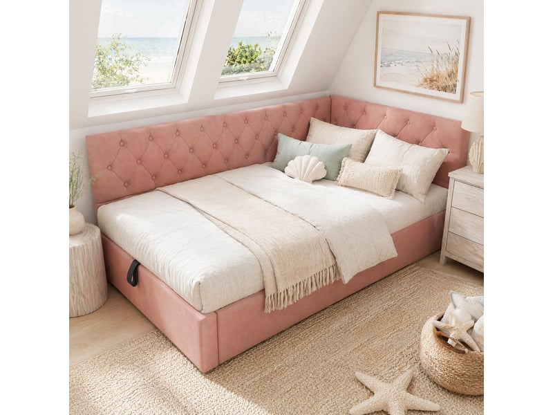  Modenvie lit banquette coffre 90x200 cm - rangement hydraulique, sommier à lattes inclus, sans matelas - rose  - Conforama B