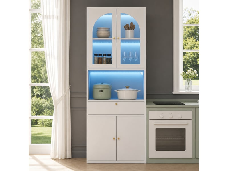 Vitrine en verre 70 x 35 x 180 cm – blanc – éclairage rgb piloté par smartphone et rangement modulable - Conforama B