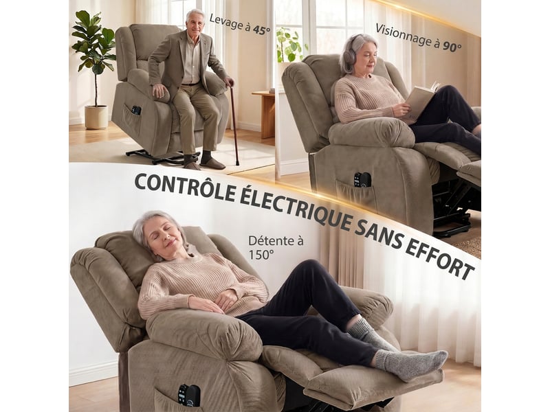  Fauteuil releveur électrique, massage et chauffage, repose-pieds, dossier inclinable, 93x104x100cm, télécommande, marron  - Conforama E