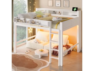140x200 cm lit mezzanine en bois avec rangements, led et port usb, blanc, pratique et moderne