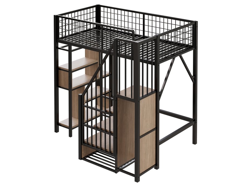  Lit mezzanine enfant 90x200 cm – noir – escalier de rangement, étagères et armoire - sans matelas  - Conforama E