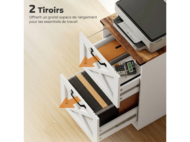  Caisson de bureau avec 2 tiroirs, dossiers suspendus pour formats lettrea4, 40x40x71cm, style rustique, blanc  - Conforama E