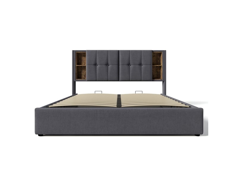 Lit coffre 160x200 avec matelas charge sans fil usb c - lit rembourré - tissu gris sommier relevable tête de lit rangement - Conforama A