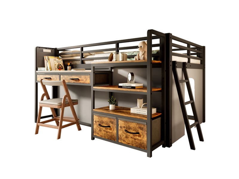  Lit mezzanine 140x200 cm en métal et mdf avec bureau, rangement, tiroirs en tissu, rideau et led noir chicfurn  - Conforama A