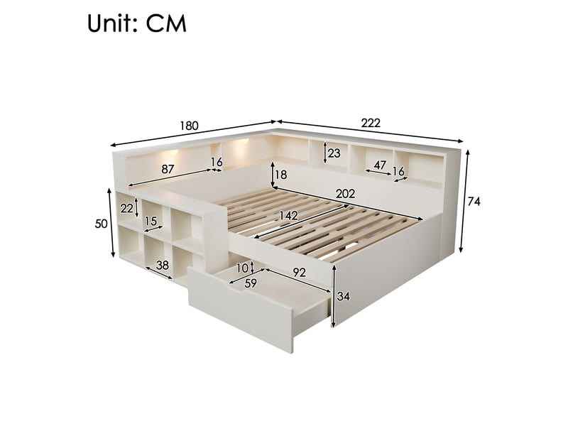  Lit double 140x200 avec rangement en bois blanc, ports usbtype-c et liseuses  - Conforama C