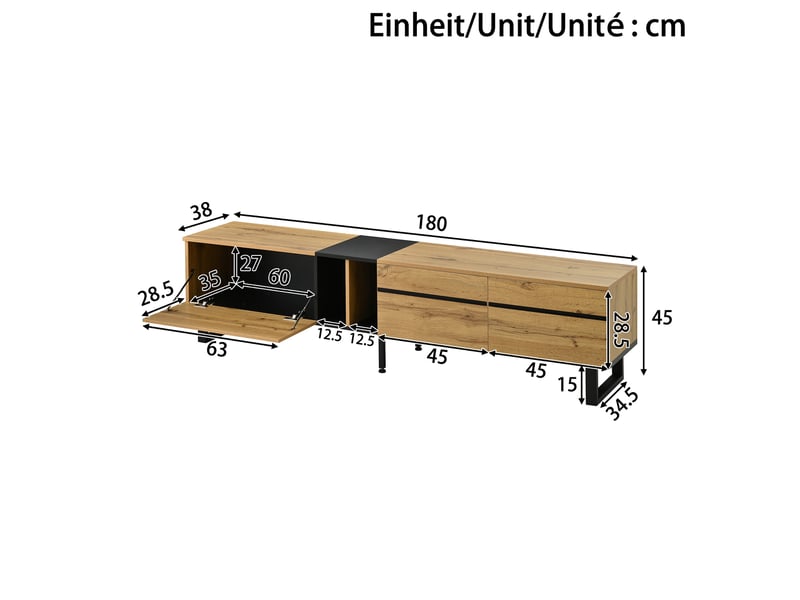  Meuble tv avec 2 portes, abattant et niche ouverte pour salon 180×38×45 cm en panneaux de particules bois  - Conforama E