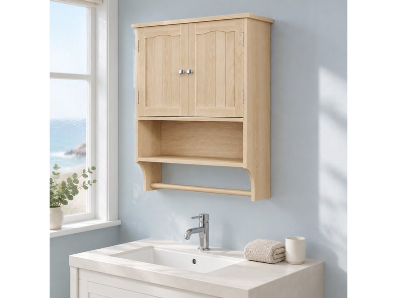 Meuble de rangement salle de bain 60x20x70 cm – chêne clair – 2 portes, étagère ouverte et porte-serviettes - Conforama B