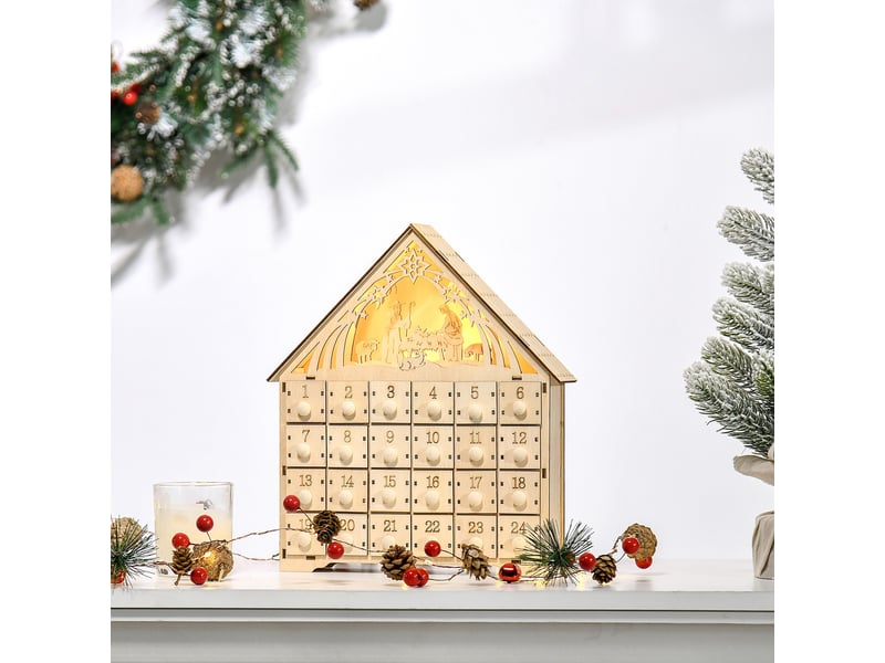 Calendrier de l'avent à remplir en bois, décoration de noël avec 24 tiroirs et 5 lumières led, 26,6x6x30cm, bois naturel  - Conforama D
