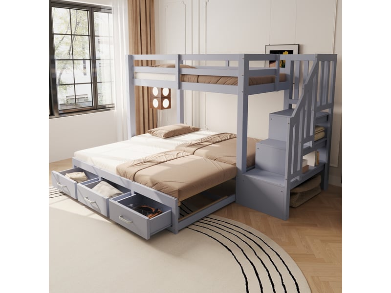  Lit superposé 90x200 cm gris avec lit gigogne, 3 tiroirs et échelle de rangement  - Conforama B
