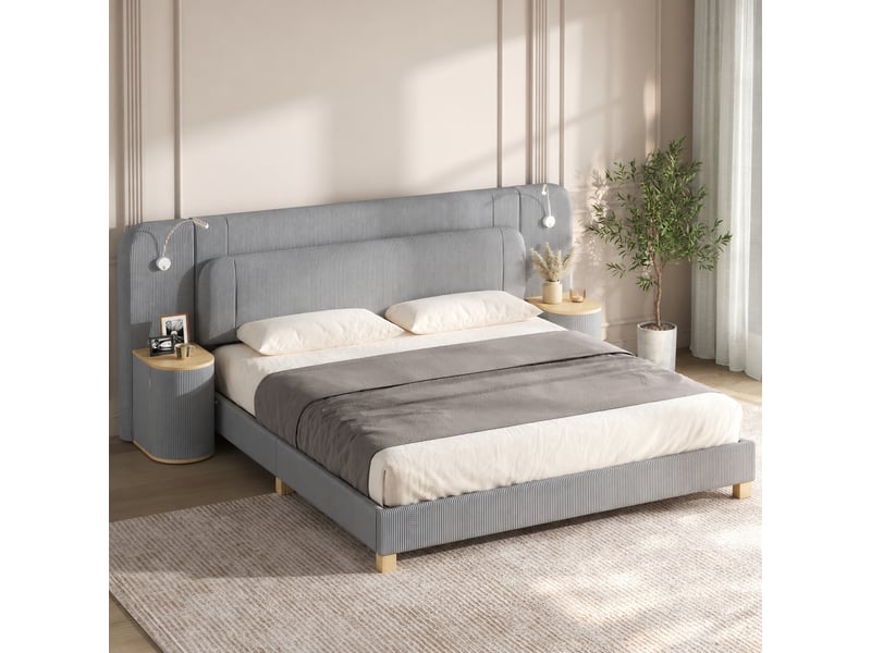 Lit 180x200 cm en velours côtelé gris avec tables de chevet et éclairage led  - Conforama B