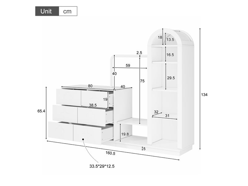  Commode avec penderie 160,5x40x134 cm, 6 tiroirs, tringle à vêtements et niche ouverte en arche, rangement 3-en-1 - blanc  - Conforama E