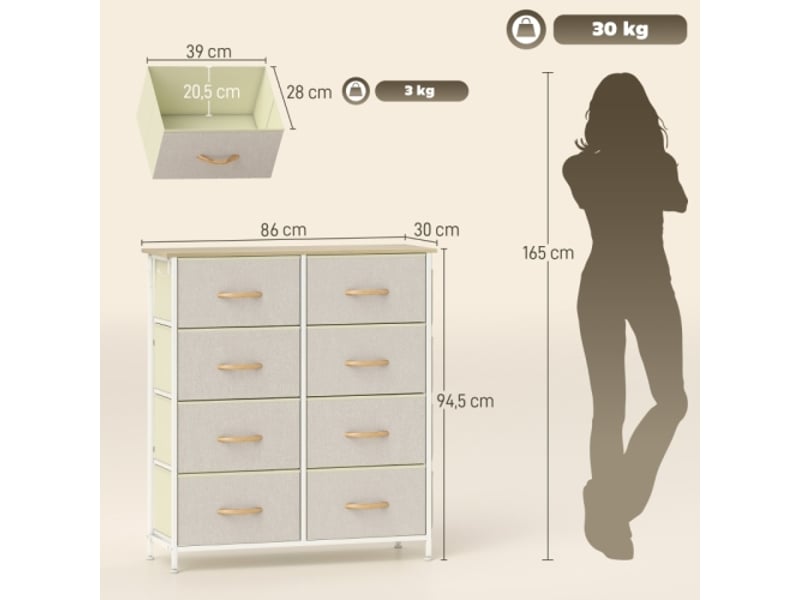  Commode beige, 8 tiroirs tissu, structure acier, plateau effet bois, rangement moderne pratique  - Conforama C