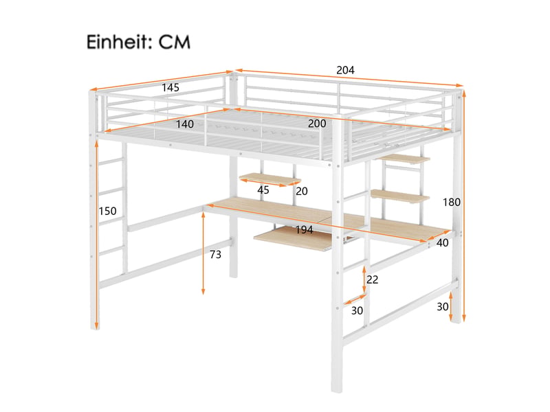  Lit mezzanine 140x200 cm en métal blanc avec bureau et deux bibliothèques  - Conforama C
