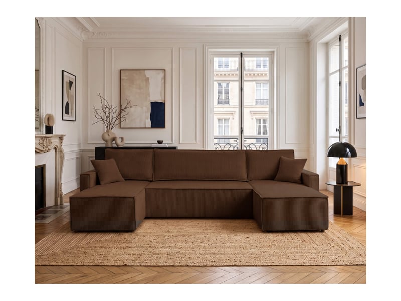  Farah - canapé d'angle panoramique convertible 6 places accoudoirs slim en velours cotelé  - Conforama B