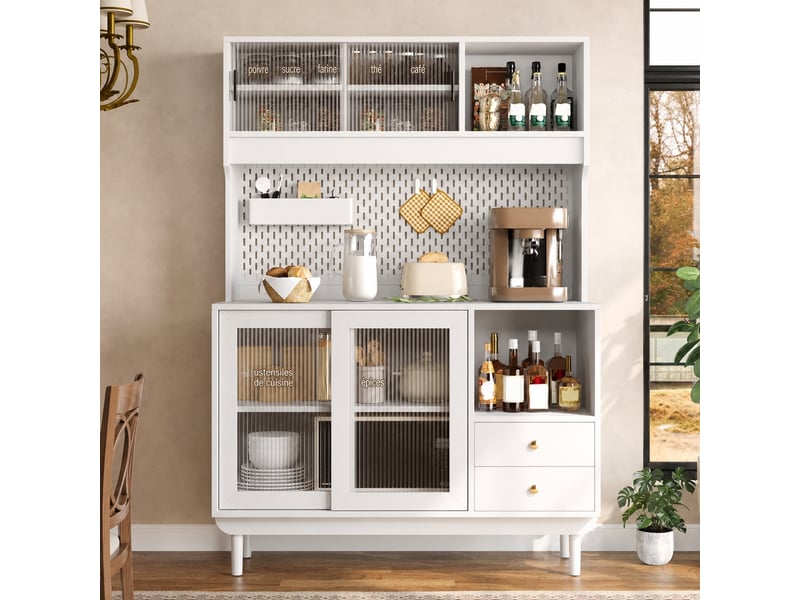 Buffet de cuisine blanc à portes coulissantes en verre strié, 117 x 30 x 170 cm - Conforama B