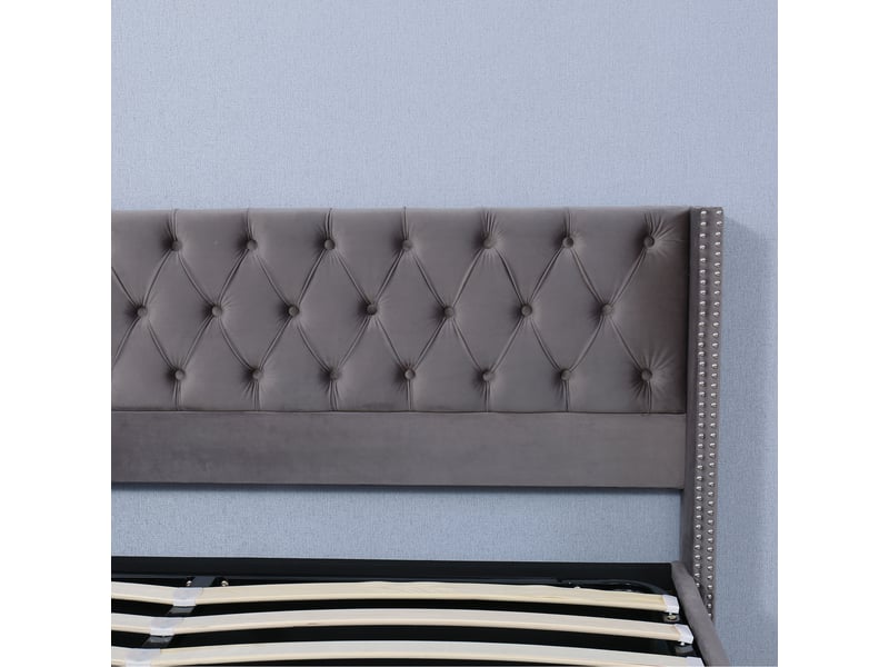  Lit capitonné, lit double 160x200 cm, velours gris  - Conforama R