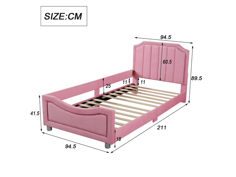  Modenvie lit enfant rembourré 90x200 cm - flanelle douce, sommier 12 lattes, sans matelas - rose  - Conforama C
