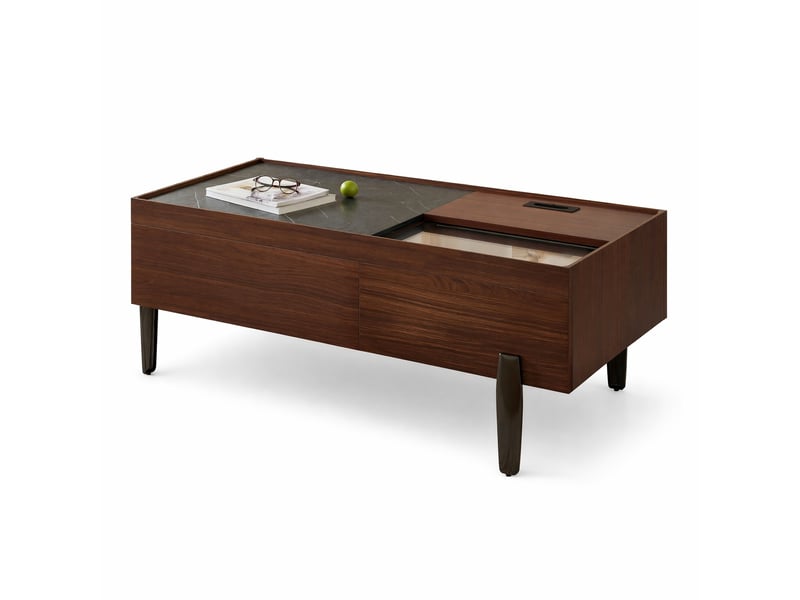 Table basse avec rangement 105x50x41,5 cm – marron foncé – 2 tiroirs, plateau en verre