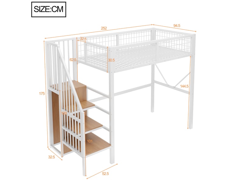  Lit mezzanine 90 x 200 cm blanc en métal avec escalier de rangement, led intégrée et tringle à vêtements  - Conforama C