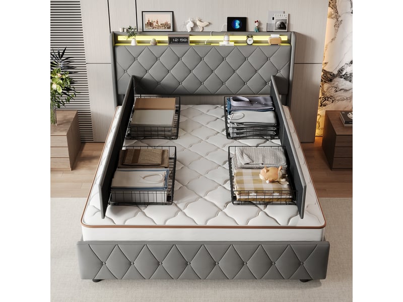  Lit double 160 x 200 cm gris – velours moelleux, tête de lit avec étagère &amp; veilleuse led, ports usbtype-c &amp; 4 tiroirs  - Conforama C