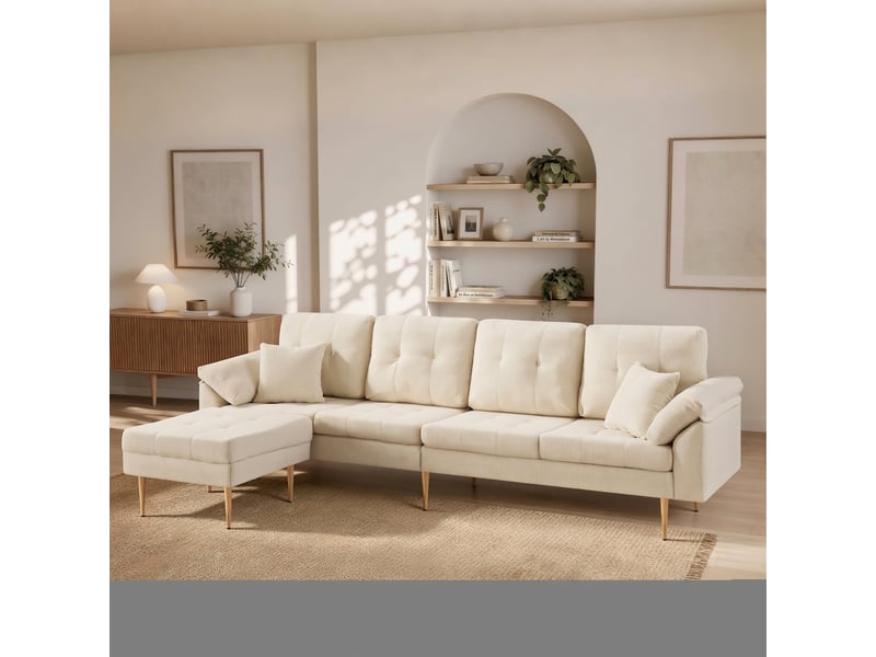  Canapé 4 places velours côtelé avec pouf indépendant modulable 250 cm beige clair  - Conforama C