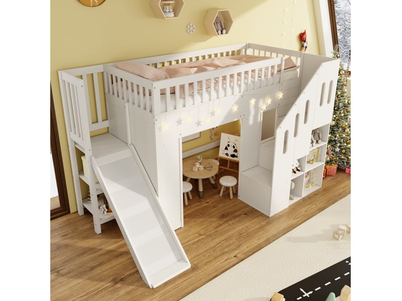  Lit superposé enfant 90x200 cm – blanc – toboggan, escalier de rangement, led mobile – sans matelas  - Conforama B