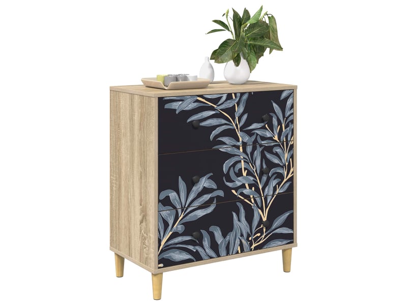  Commode chambre, meuble de rangement dokkum imprimé fougère bleue 66 x 36,5 x 75 cm sonoma  - Conforama C