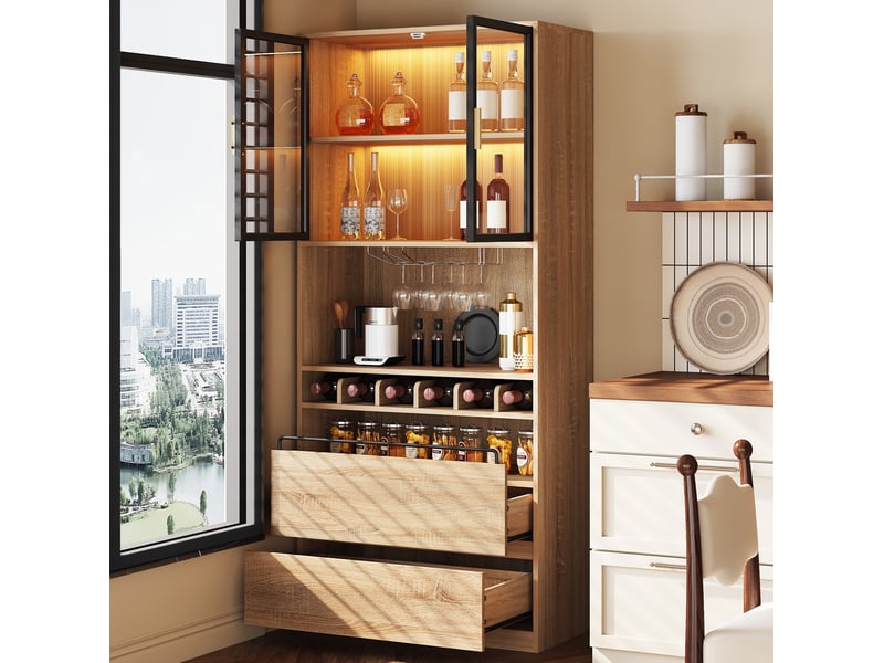 Vitrine avec portes vitrées, tiroirs, niches ouvertes et éclairage led réglable pour salle à manger, mdf naturel - Conforama C