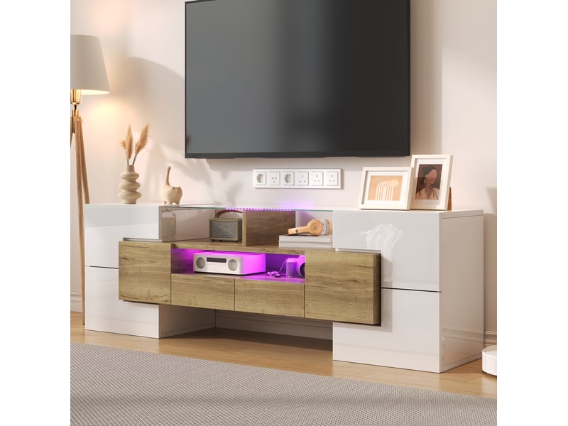  Meuble tv bas 145 cm blanc brillant et décor bois avec éclairage led multicolore  - Conforama E