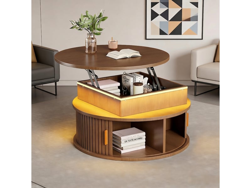  Table basse ronde 75 cm réglable en hauteur avec led et rangement noyer  - Conforama B