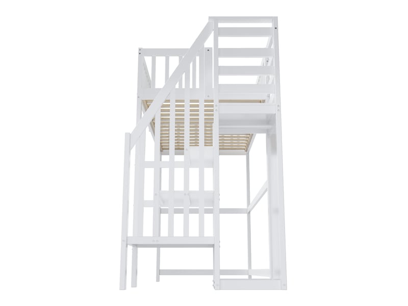 Lit mezzanine 90x200 avec escalier, lit enfant blanc en bois massif avec armoire et étagère, gain de place pour chambre - Conforama E