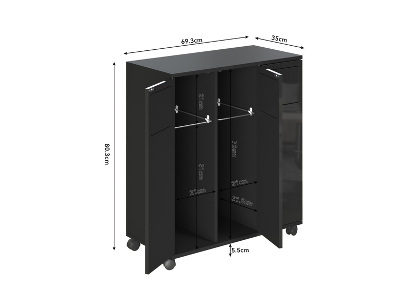  Meuble de tri des déchets 69,3x35x80 cm noir en mdf, 3 portes, roulettes verrouillables pour cuisine  - Conforama C
