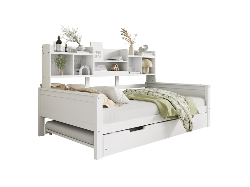 Lit gigogne enfant 90x200 cm + 90x190 cm avec compartiment de rangement et sommiers, pin, blanc, sans matelas - Conforama A